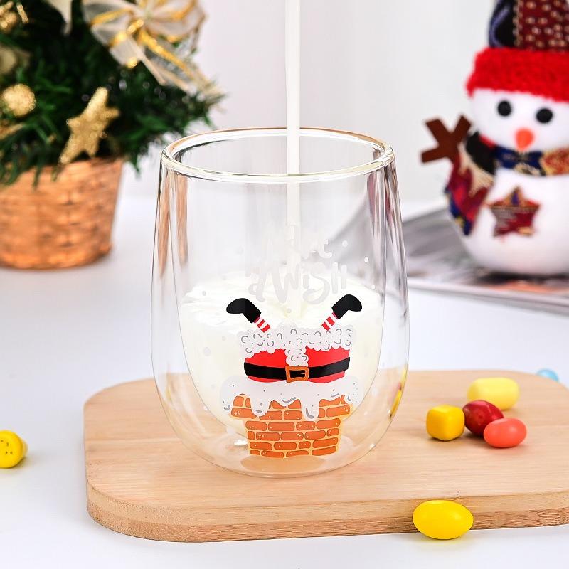 Christmas Double Wall Glass Cups Santa Claus Pattern Heat-resistant Water Cup Home Juice Tea Milk Coffee Mug Xmas Gift Drinkware