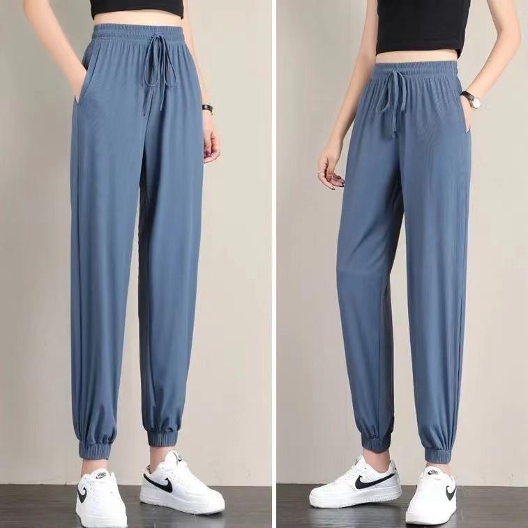 Women's Summer Ice Silk Wide-Leg Lantern Sweatpants: Loose, Cuffed, Plus Size, Slimming Fit