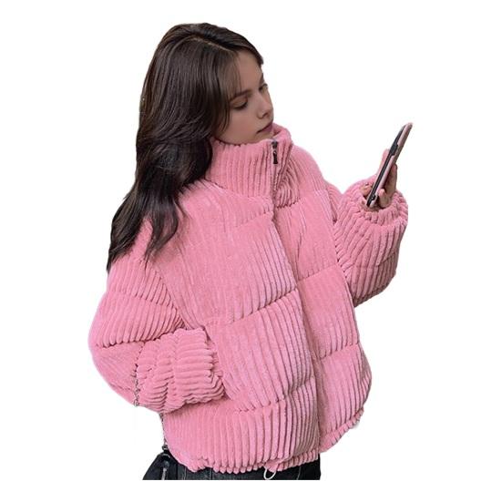 Women's Winter Jacket Corduroy Puffer Short Down Jacket Warm Quilted Cotton Coat Stand Collar Outerwear for Daily Life Work School