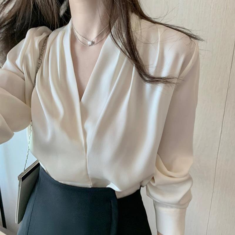 

Модные однотонные атласные свободные повседневные женские блузки, облегающие топы без рукавов с V-образным вырезом, женские летние рубашки, модные элегантные простые офисные женские блузки 26064 M