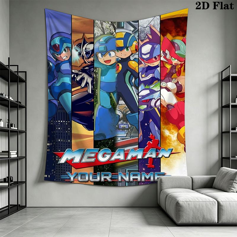 Name Custom Mega Man Anime Wall Tapestry Aesthetic Wall Hanging Printed Fabric Blanket Decorative Tapestries for Bedroom Living Room Home Decor