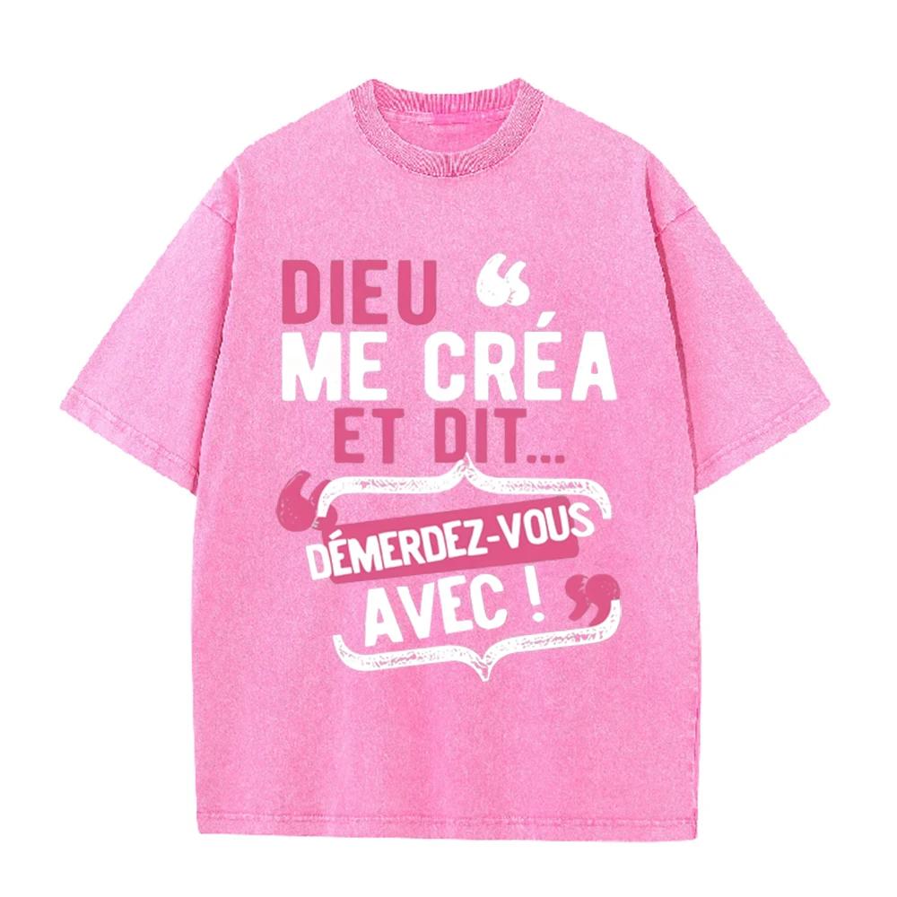 2026 Vintage Acid Wash French Letter Print T Shirt Unisex Oversized Crew Neck Drop Shoulder Short Sleeve Tee Retro Streetwear Su