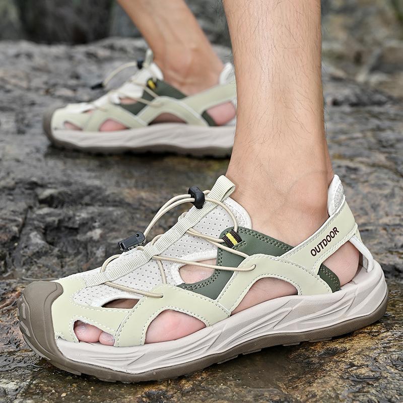 Fashion Durable Rubber Sole Outdoor Walking Sandals Quick Dry Mens Sandals Adjustable Solid Color Summer Shoes Casual Comfy Beach Flats