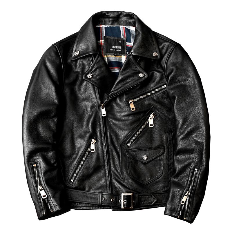 Heavyweight Motorcycle Jacket Mens Genuine Leather Biker Racing Jacket Slim Fit Black