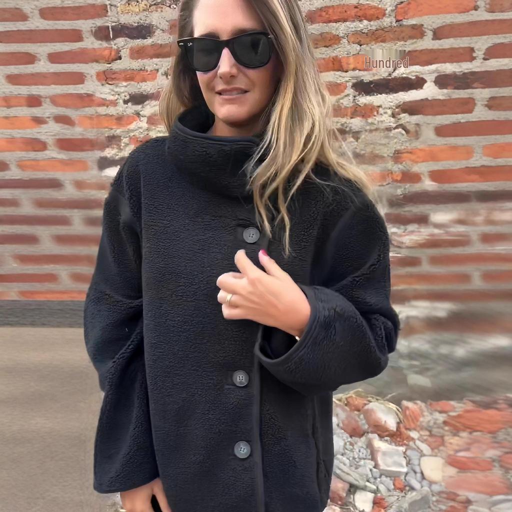 2025 INS A/W Flauschiger Stehkragen Knopfleiste Locker Warm Fleece Mantel