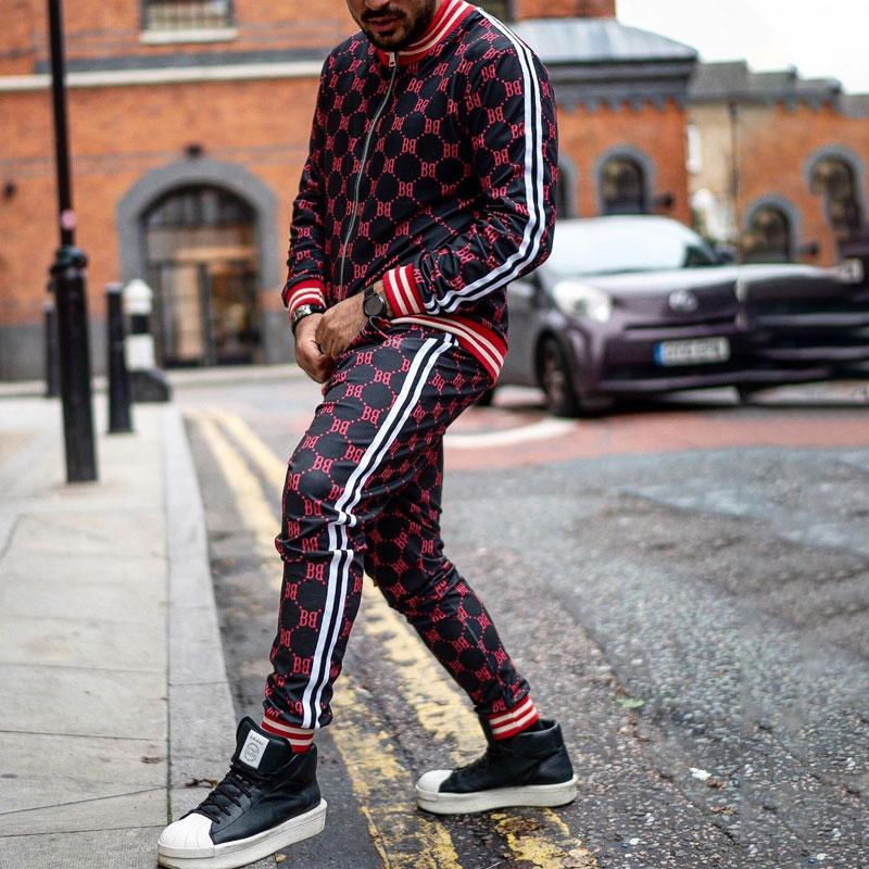 Men's Tracksuit 3D Plaid Printed Sports Casual Set Fashion British Style Gentleman Jacket Tether Trousers 2-piece Suit