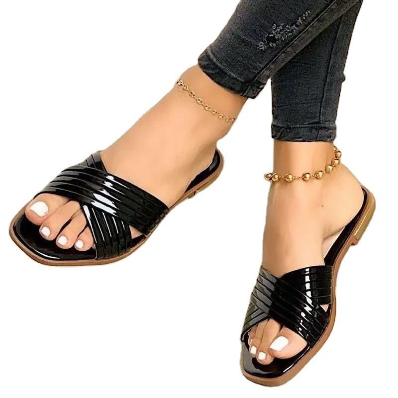 Large Size Slippers Women Wish Summer New Comfortable Outer Wear Patent Leather Casual Flat Slippers
