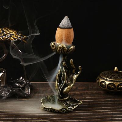 Vintage Buddha Hand Lotus Incense Burner Sandalwood Censer Brass Backflow Incense Holder Ornaments Office Table Home Decoration