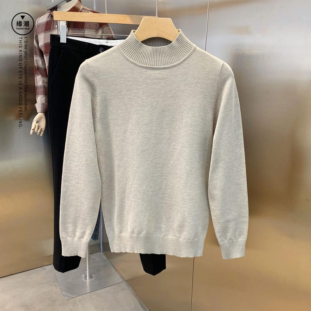 Spring Autumn Men's Half High Collar Solid Color Pullover Splice Casual Fashion Elegant Commuter Long Sleeve Sweater