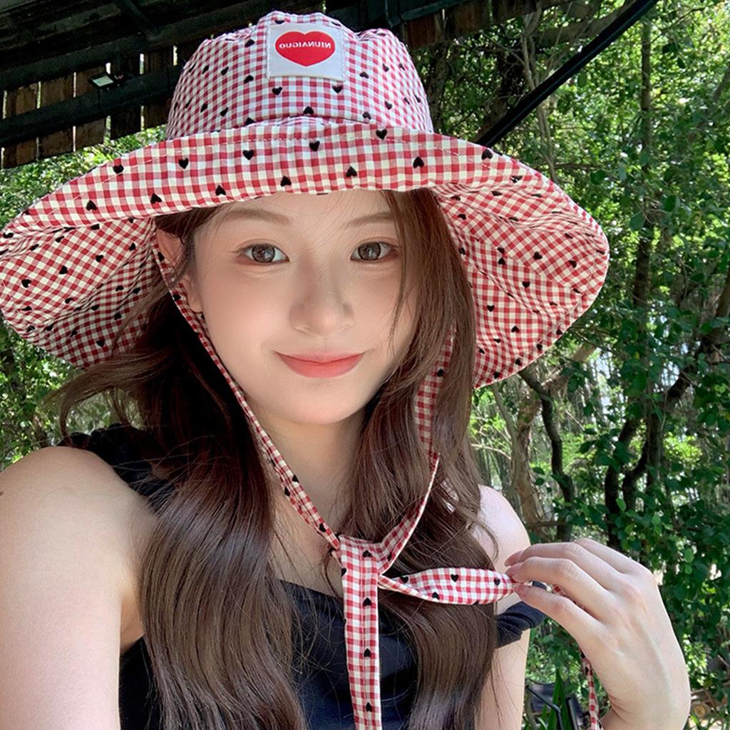 Black Heart Plaid Fisherman Hat for Women Summer Wide Brim Sun Protection Bucket Hats Fordable Travel Beach Lace-up Basin Cap