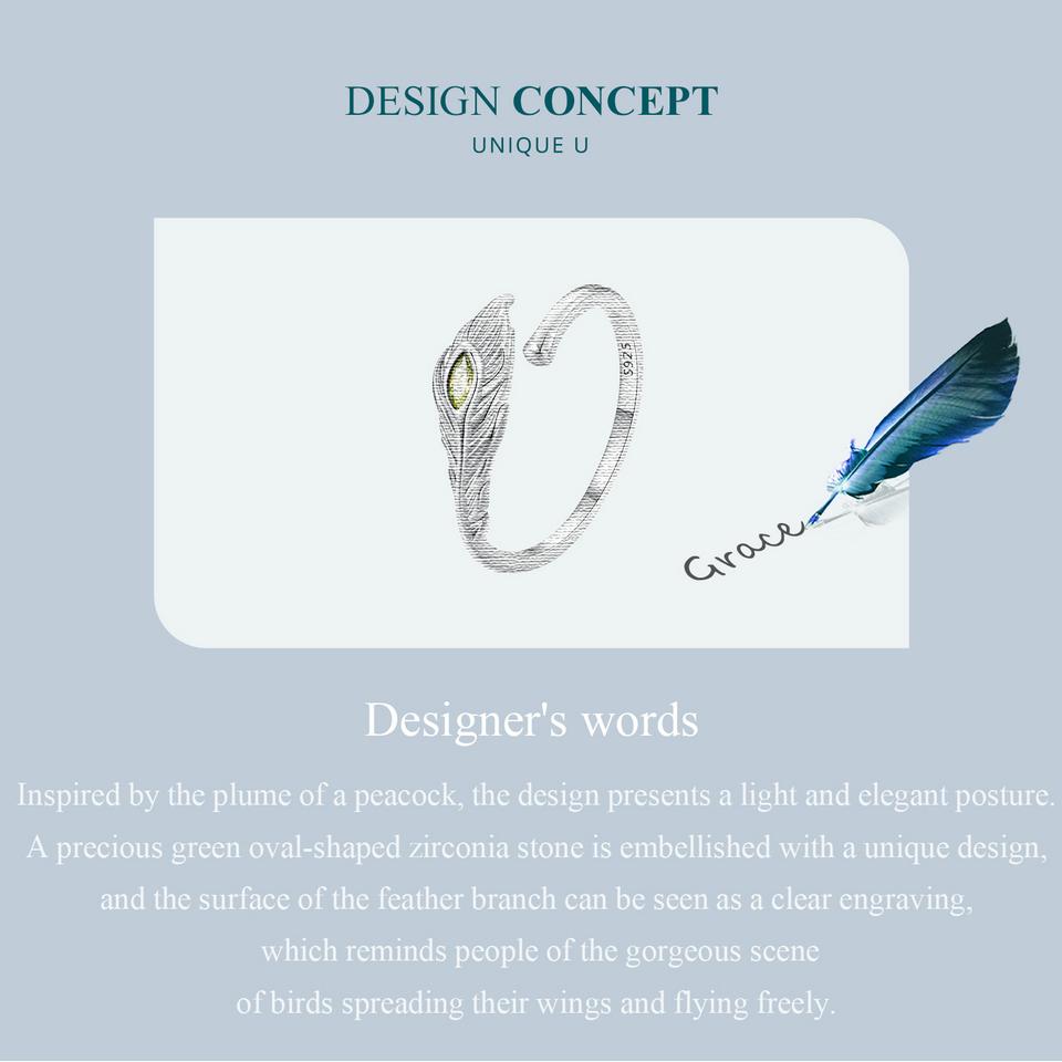 BAMOER 925 Sterling Silver Peacock Feather Opening Ring Zircon Adjustable Ring for Women Party Jewelry Gift