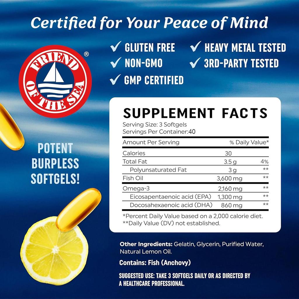 Triple Strength Omega 3 Fish Oil 3600 Mg Rich In EPA and DHA, Cardiovascular Health, Brain Function, Immune Support