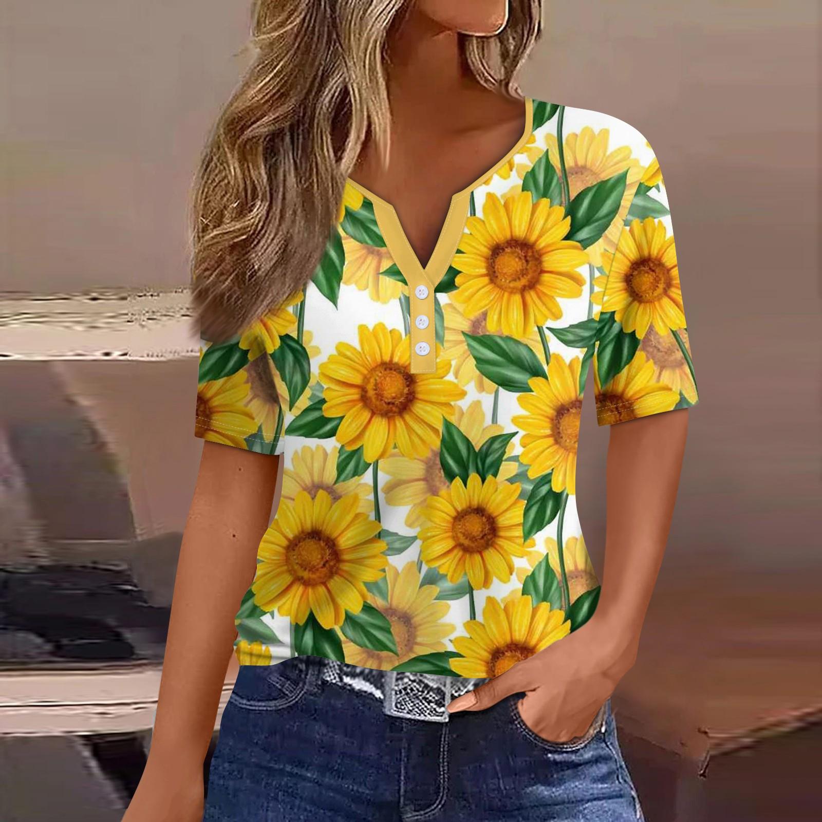 

Жен. Футболка Футболка С принтом Пуговицы С короткими рукавами Повседневные Выходные Мода Классический V-образный вырез Обычный Топ Лето XL жёлтый