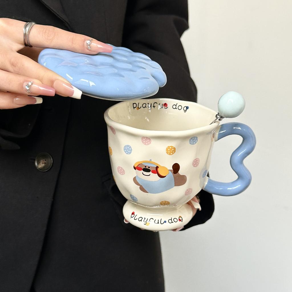 Cute Polka Dot Puppy Creative Cartoon Water Cup Ceramic Mug with Lid Spoon High Looking Birthday Gift for Girls
