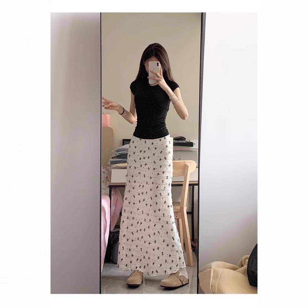 Women's High Waist Mermaid Maxi Skirt Lace Print Long Skirt Bohemian Casual