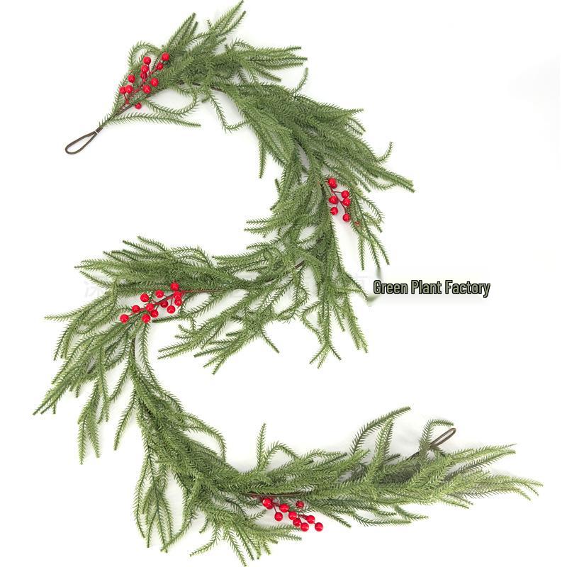 Artificial Norfolk Pine Wreath with Red Berries & Rattan Vines for Cross-Border Christmas Decoration