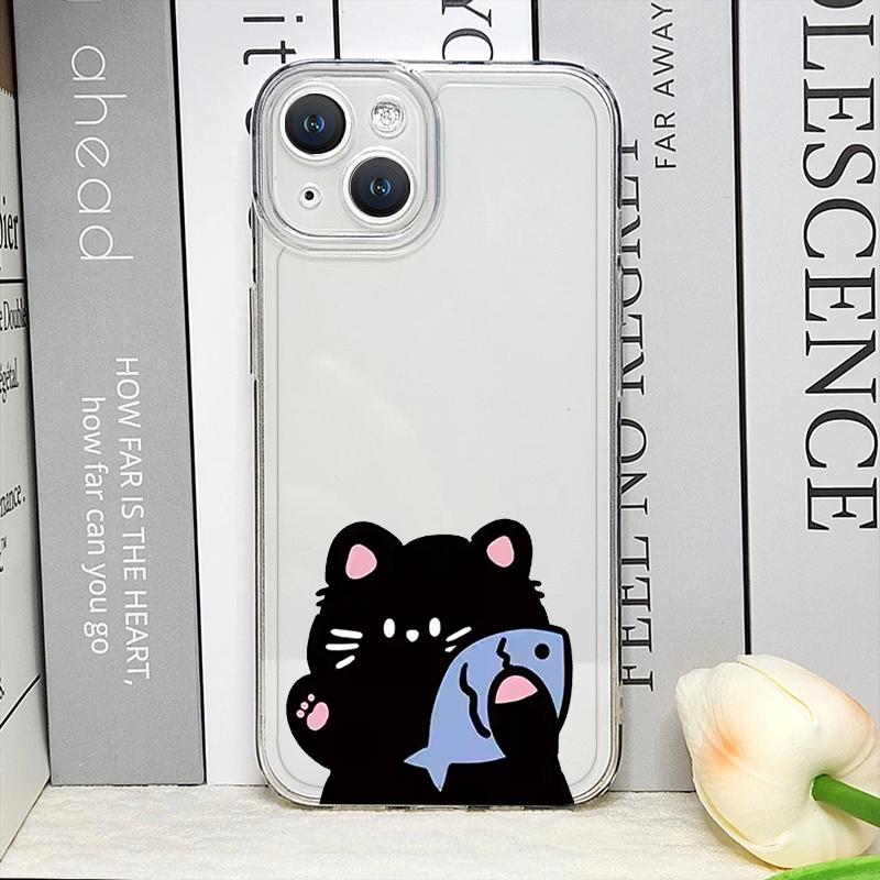 Funda de Teléfono Pareja Gato Pez Dibujo Animado Divertido para IPhone 16 15 14 11 12 13 Pro Max 7 8 Plus Mini XS XR Transparente Blanda Fundas