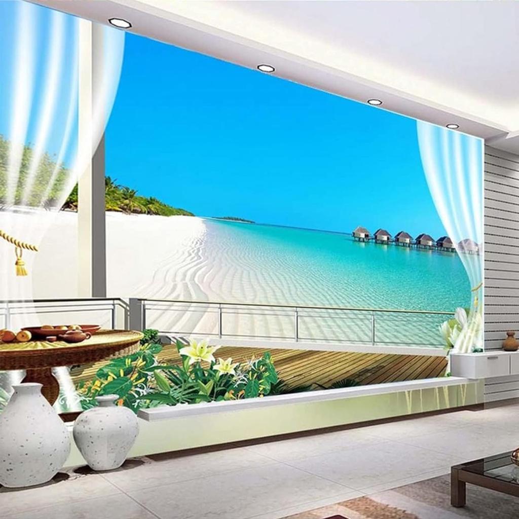 Blue Sky Ocean Wallpaper Mural Plant Beach Bedroom Large Wallpapers Living Room Home Decor Ocean Wallpaper For Bedroom