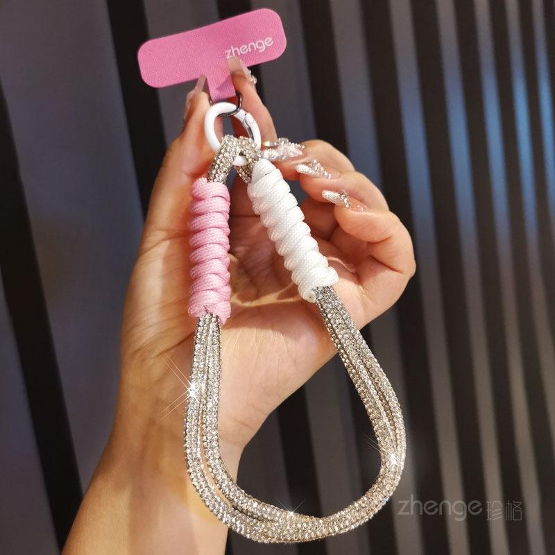 

Full Diamond Mobile Phone Lanyard ins Fashion Ladies Flash Diamond Bracelet Short Lucky Cat Bell Pendant Mobile Phone Case Lanyard [pink and white] 1