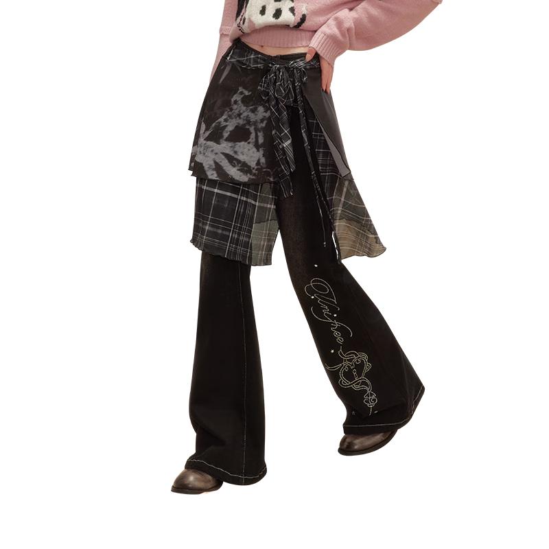 

UNIFREE Plus Size Retro Patchwork Flared Denim Jeans 2XL