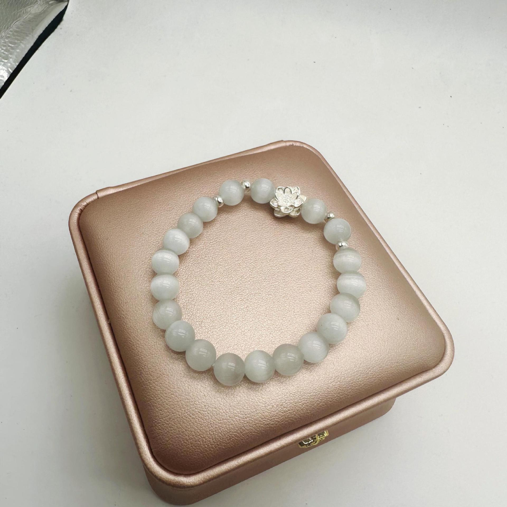 Sterling Silver Lotus Charm Bead Bracelet with Agate Gemstones - Women s Gift or DIY Ornament 999 Sterling Silver