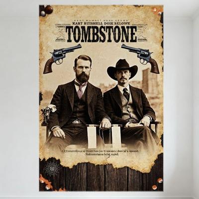 Vintage Tombstone Movie Tin Sign, Western Cowboy Revolver Design, Retro Aged Paper Style Wall Plaque for Man Cave Bar Home Decor