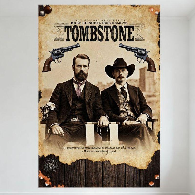 Vintage Tombstone Filmblechschild, Western Cowboy Revolver Design, Retro gealterter Papierstil Wandplakette für Man Cave Bar Heimdekoration