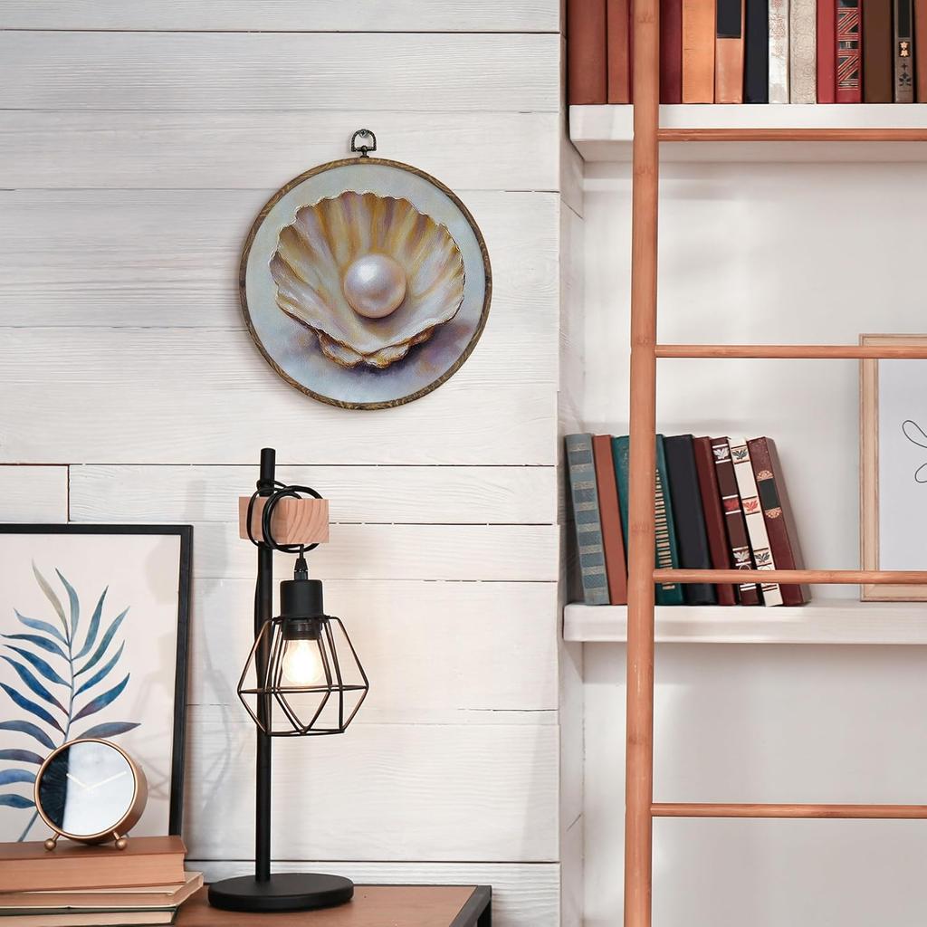 KFXHANGD Vintage Seashell Round Wall Art Framed, Coastal Shell Canvas Wall Art Decor, Coastal Sea Shells Hanging Decor for Bathroom Bedroom,