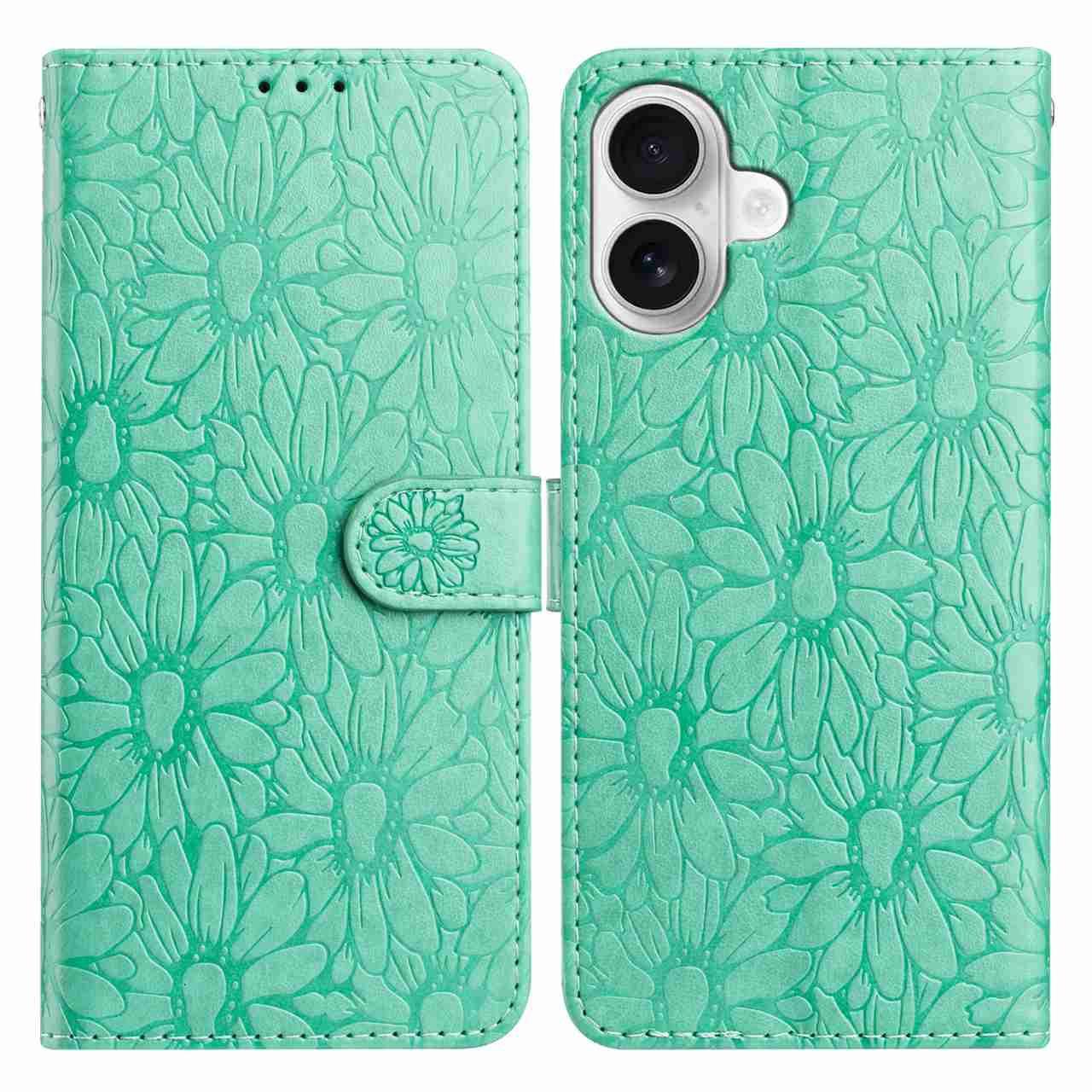 

For iPhone 17 Leather Case Daisy Imprint Wallet Stand Phone Protective Cover Green