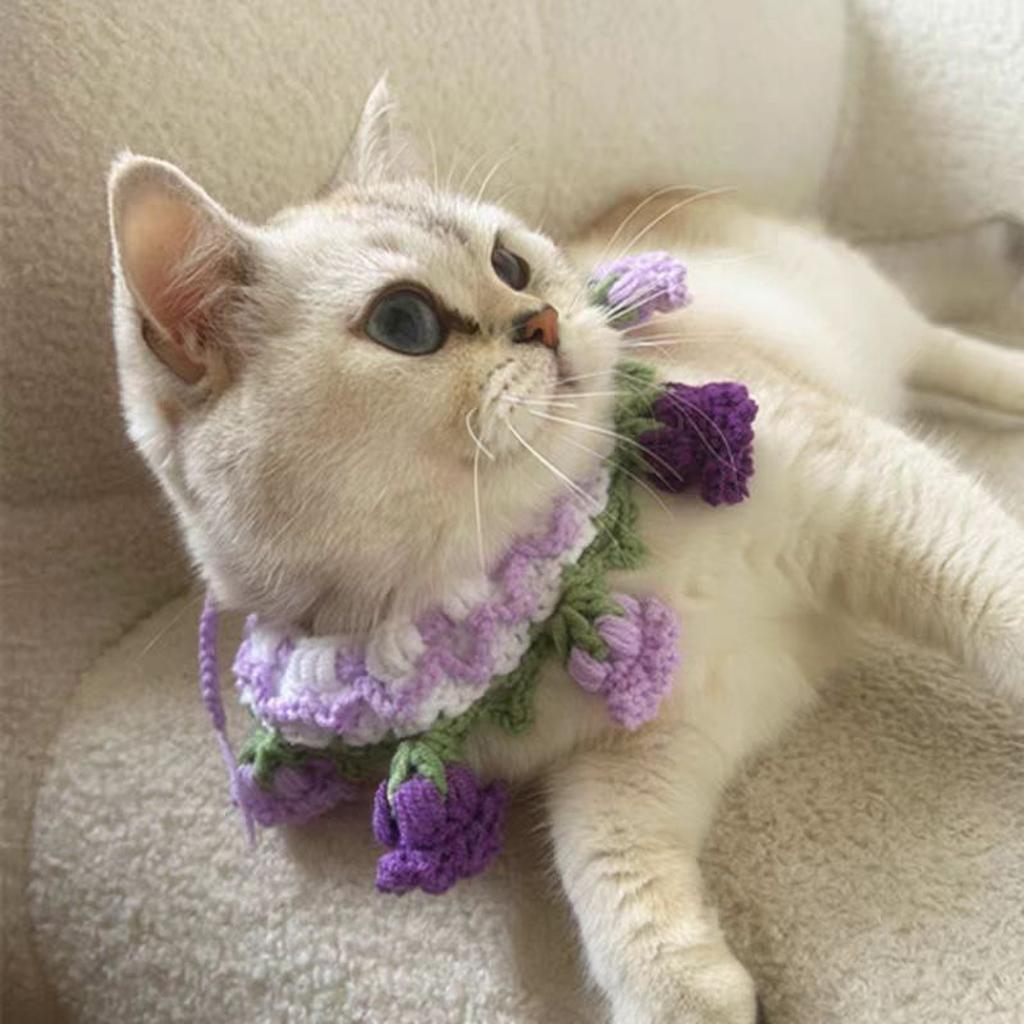 Knitted Pet Bandana Bell Orchid Design Cute Scarf for Cats Dogs