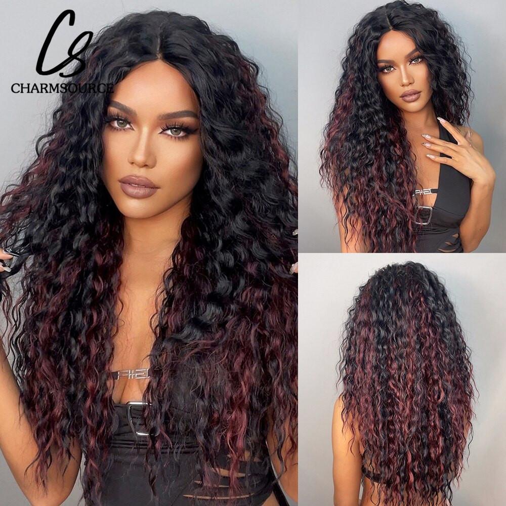 CharmSource Curly Long Ombre Inchis Maro Dantela Front Peruci Sintetice Peruca Dantela pentru Femei Negre Naturale de inalta densitate Utilizare zilnica