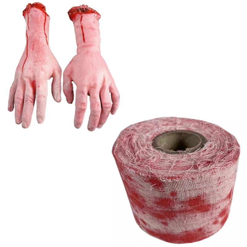 Scary Blood Bandage Broken Severed Hands Halloween Bloody Cloth Strips Haunted House Decorations Blood Gauze Bandage