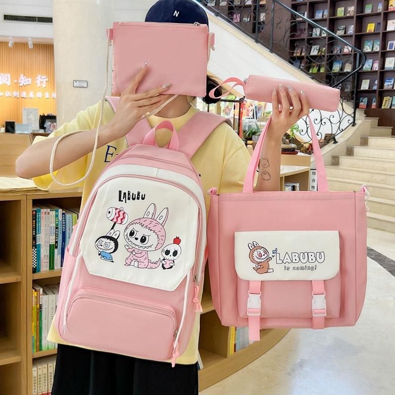 4pcs Sets LABUBU School Backpack Cute Cartoon Large-capacity Student Class Bag Junior High School Student School Bag High-value Four-piece Backpack