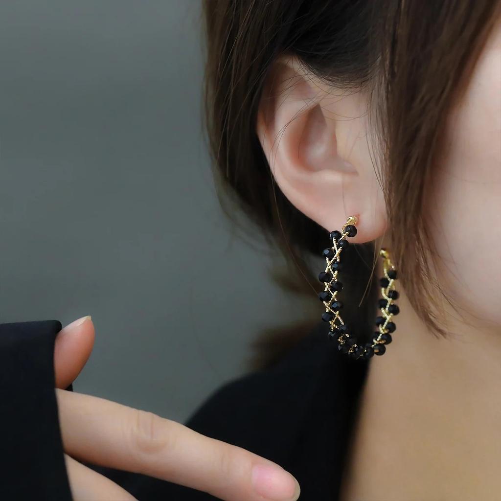 Double-layer Black Crystal Woven Hoop Earrings South Korea Simple Accessories Party For Women's Jewelry