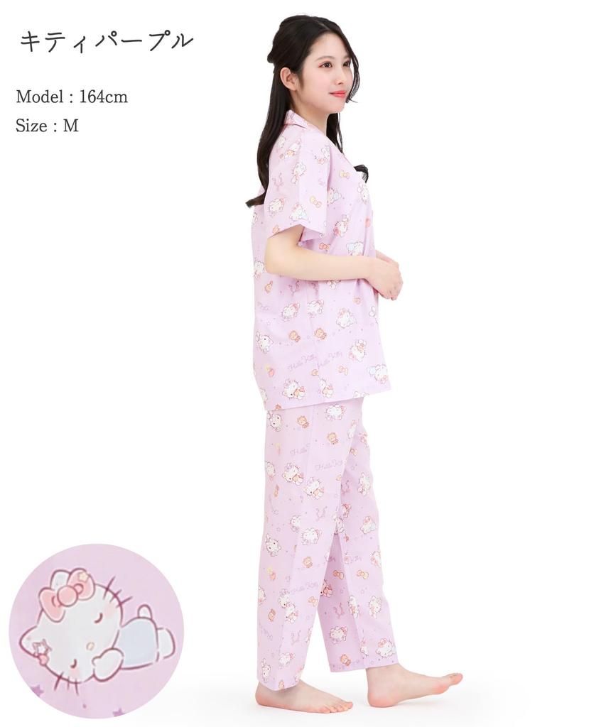 SAZAC Sleepy Hello Kitty Shirt Cotton Short Sleeve and Long Pants Set Pajamas, 100% Broadcloth, Women's (Purple/M/SAN1945)