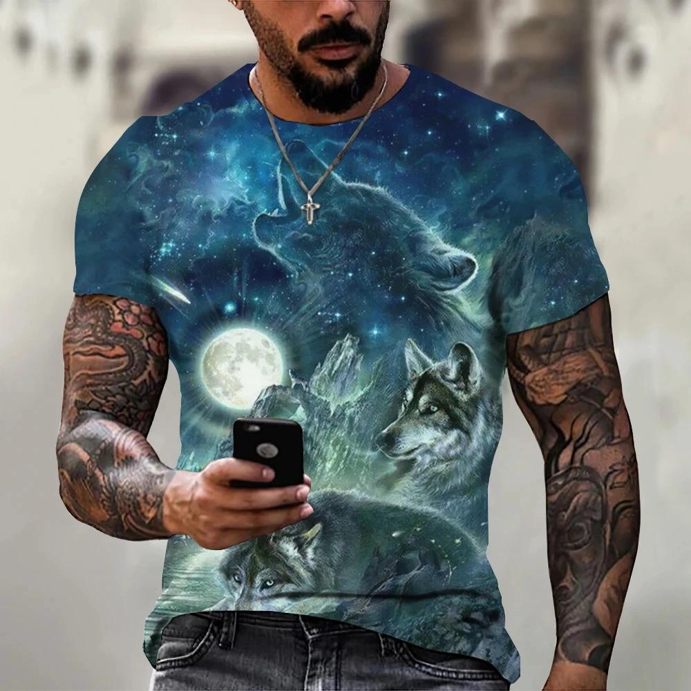 2025 Wolf Men Animal Print Short Sleeve Top 3D Casual Street Vintage