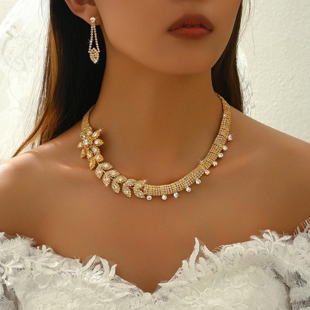 Gold Plated Jewelry Set India Dubai Jewelry Bare Diamond Zircon Necklace Bracelet Ring Earrings Set