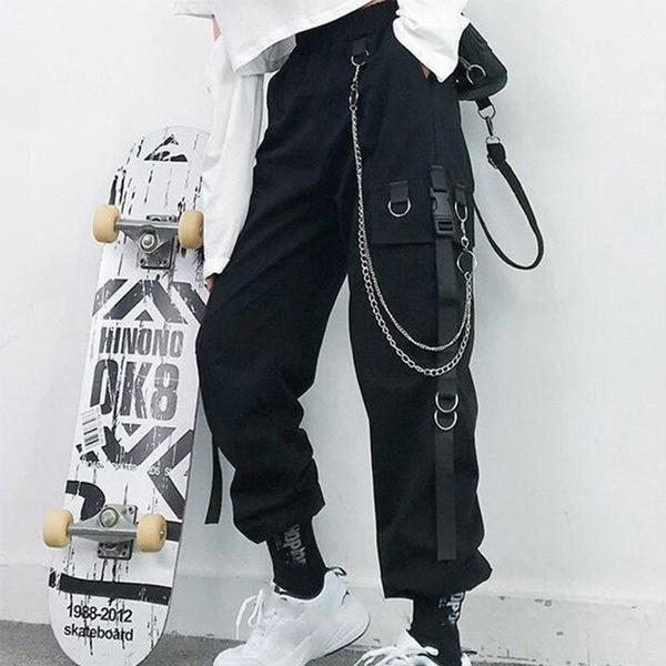 Women's Gothic Fashion High Waist Elastic Waist Overalls Punk Chain Hip Hop Pants Casual Street Tech Wear Plus Size S-4XL