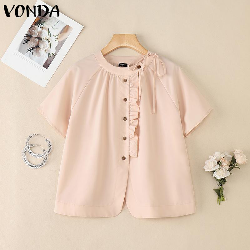 VONDA Women Short Sleeve Side Buttons Up Ruffled Solid Casual Blouse