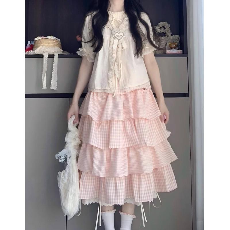 Cute Sweet Girl Dopamine Wears a Complete Set of Women's Summer College Style Straps Shirt Pink Plaid Cake Skirt Two-piece Set