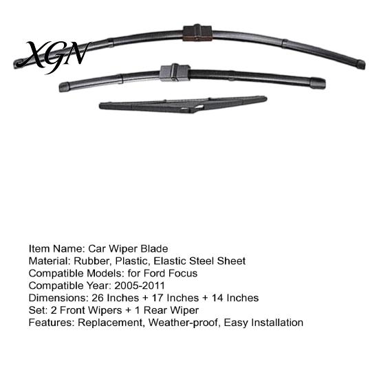 All Weather Wiper Blades 3Pcs/Set Car Kit for Ford Focus 2005-2011, 26/17/14-inch Front Replacement Wipers Rear Kit, Auto Windshield Beam Sun