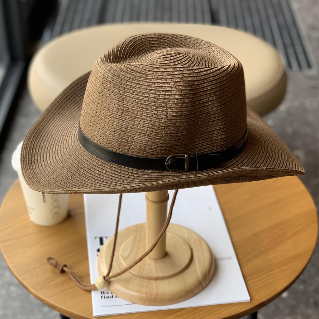 Cappello di Paglia Estivo Western Cowboy 62cm Oversize Testa Grande Tesa Arrotolata per Uomini Donne Protezione Solare Cappello Protezione UV