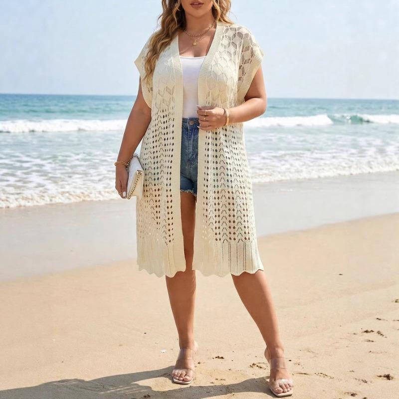 

Womens Plus Size Crochet Knit Cardigan Hollow Out Open Front Short Sleeve Long Cover Up 0XL абрикосовый