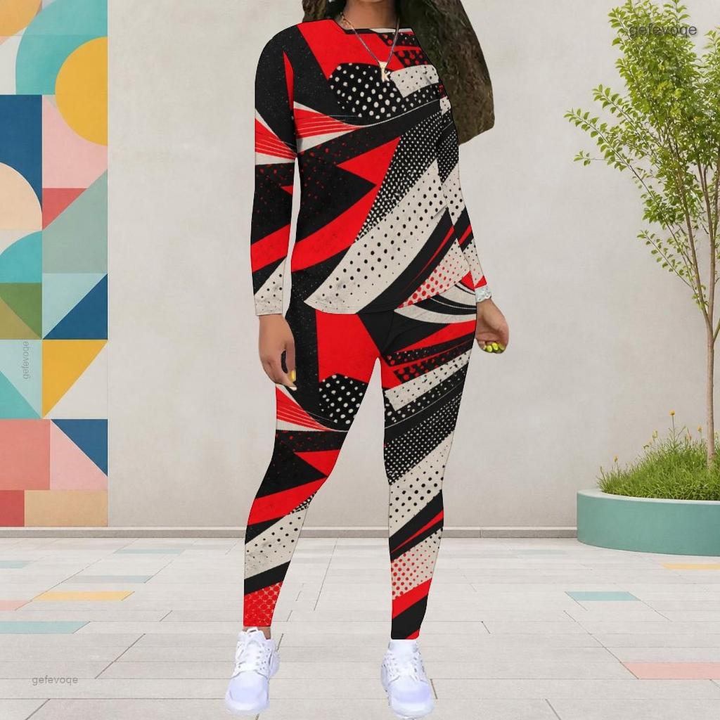Women Plus Size Patchwork Printed Round Neck Long Sleeve Top And Fitted Pants Two Piece Set