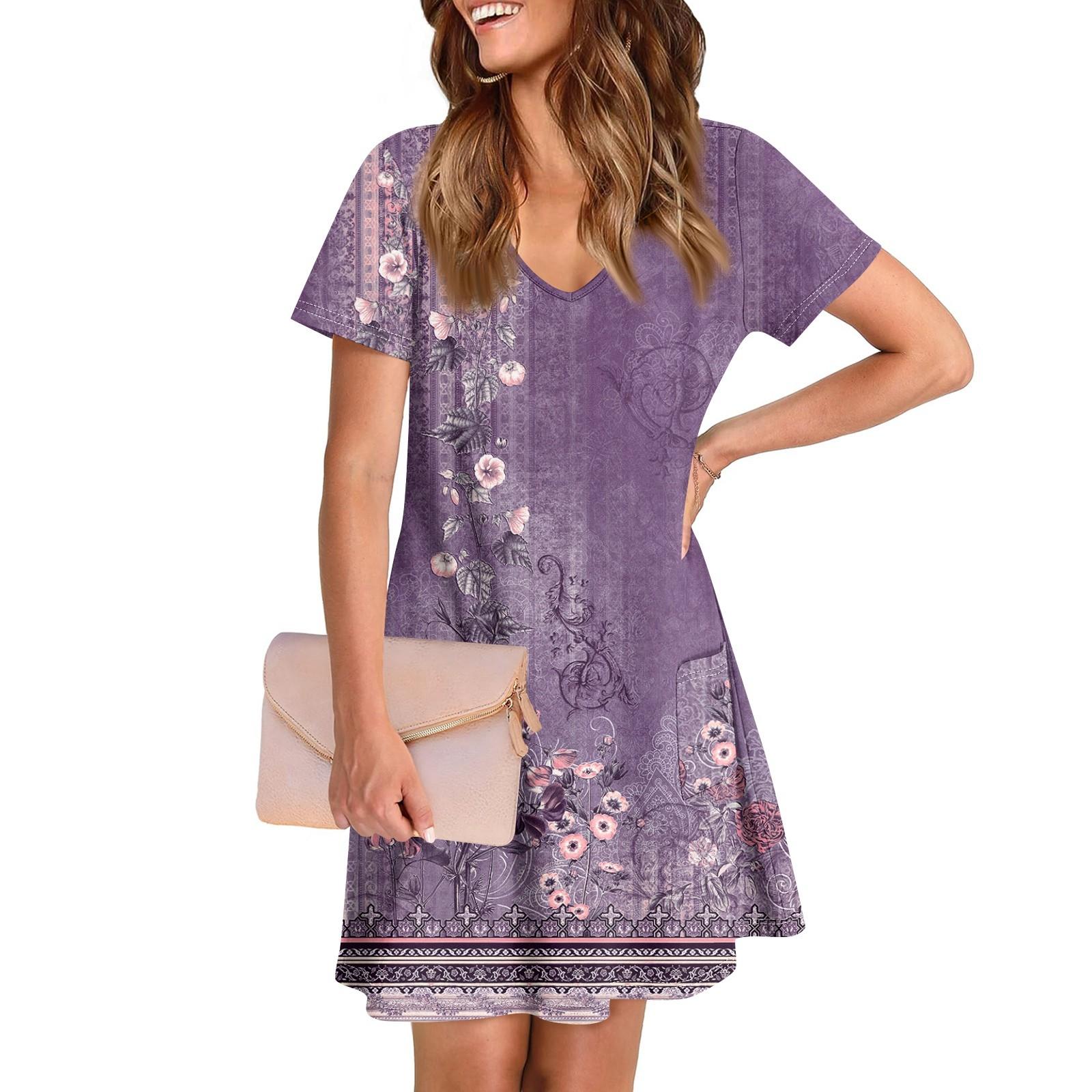 

Ladies Casual And Fashionable V-neck Short Sleeve Printing Mid Length Dress XL