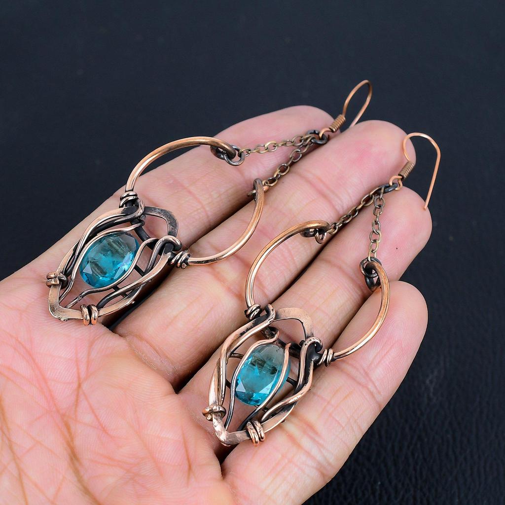 Blue Topaz Earrings, 999 Copper Wire Wrapped Gemstone Jewelry, Handmade Earrings, For Thanksgiving