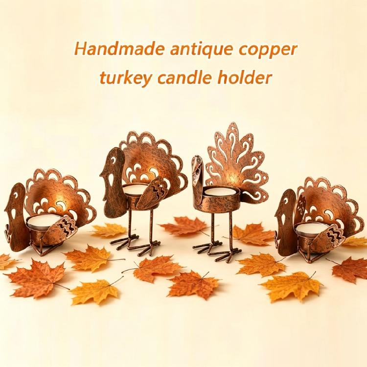 Turkey Design Tealight Candle Holders Set of 6 for Thanksgiving Mantel Decors, Metal Fall Table Accent for Harvest Centerpieces