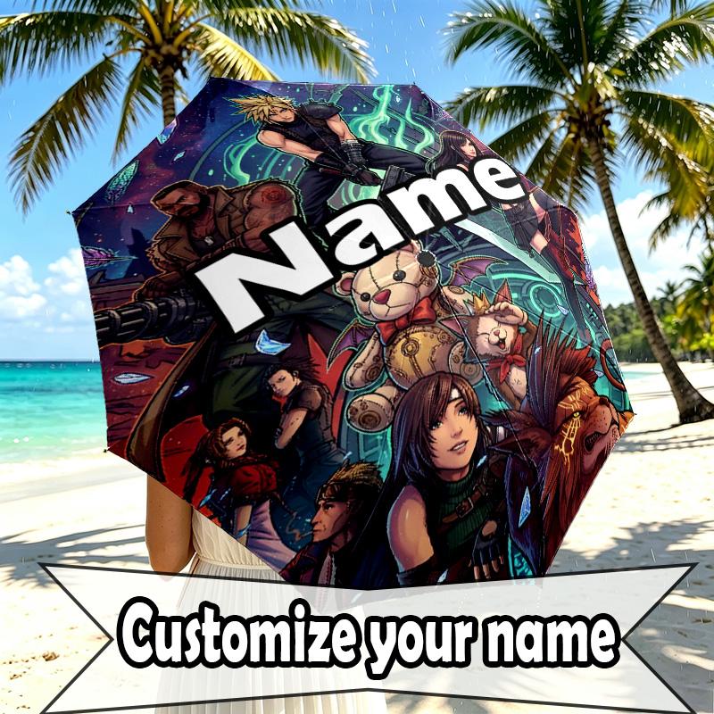 Custom Name Personalized Final Fantasy Print Umbrella, Auto Open Close, 8‑Rib Sturdy Frame, Commute Camping Hiking Use, Birthday Gift