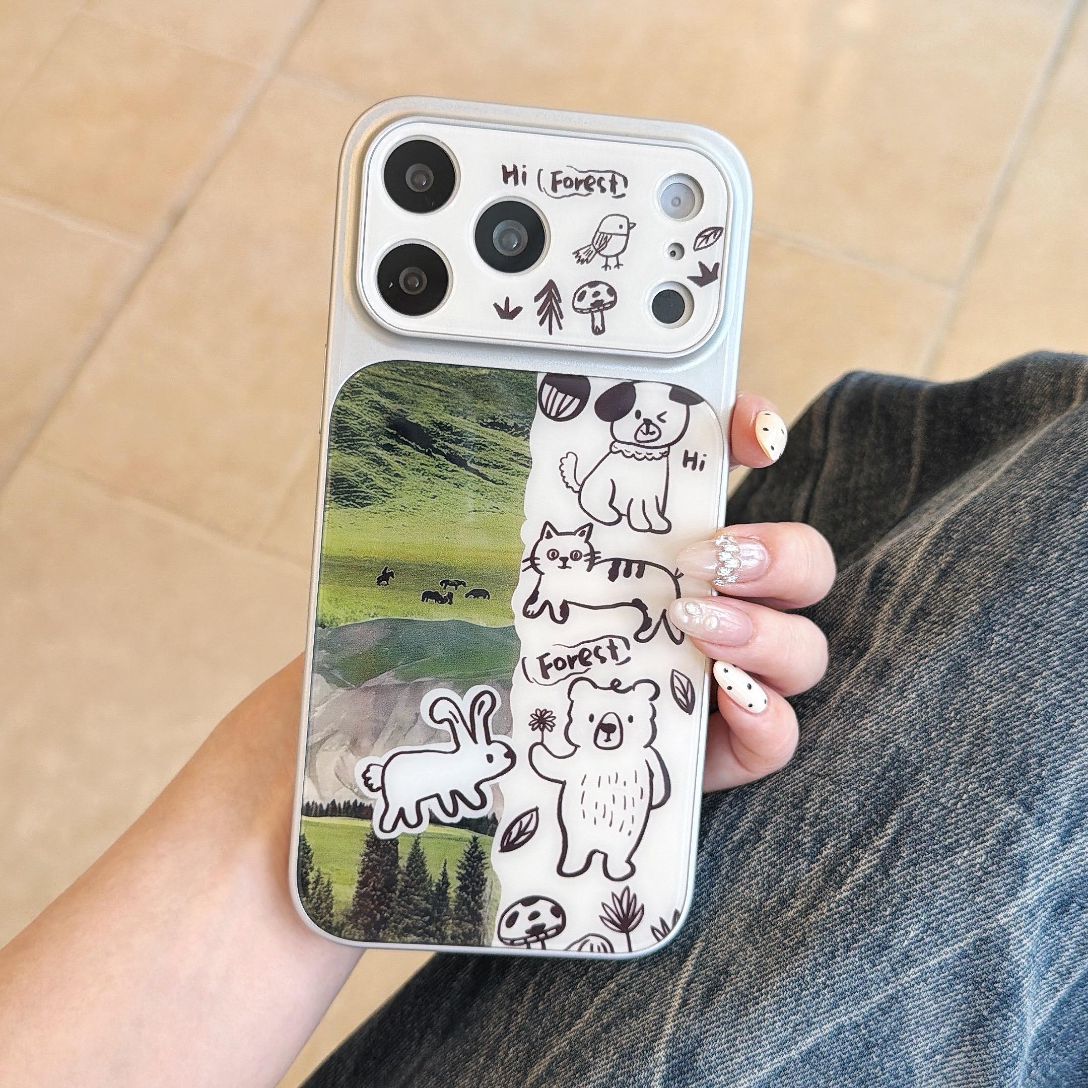 

White Leather Dog Print Phone Case with Vitality Verdancy Wrist Lanyard Compatible with iPhone 17/16/15/14/13 pro Max plus iPhone 13