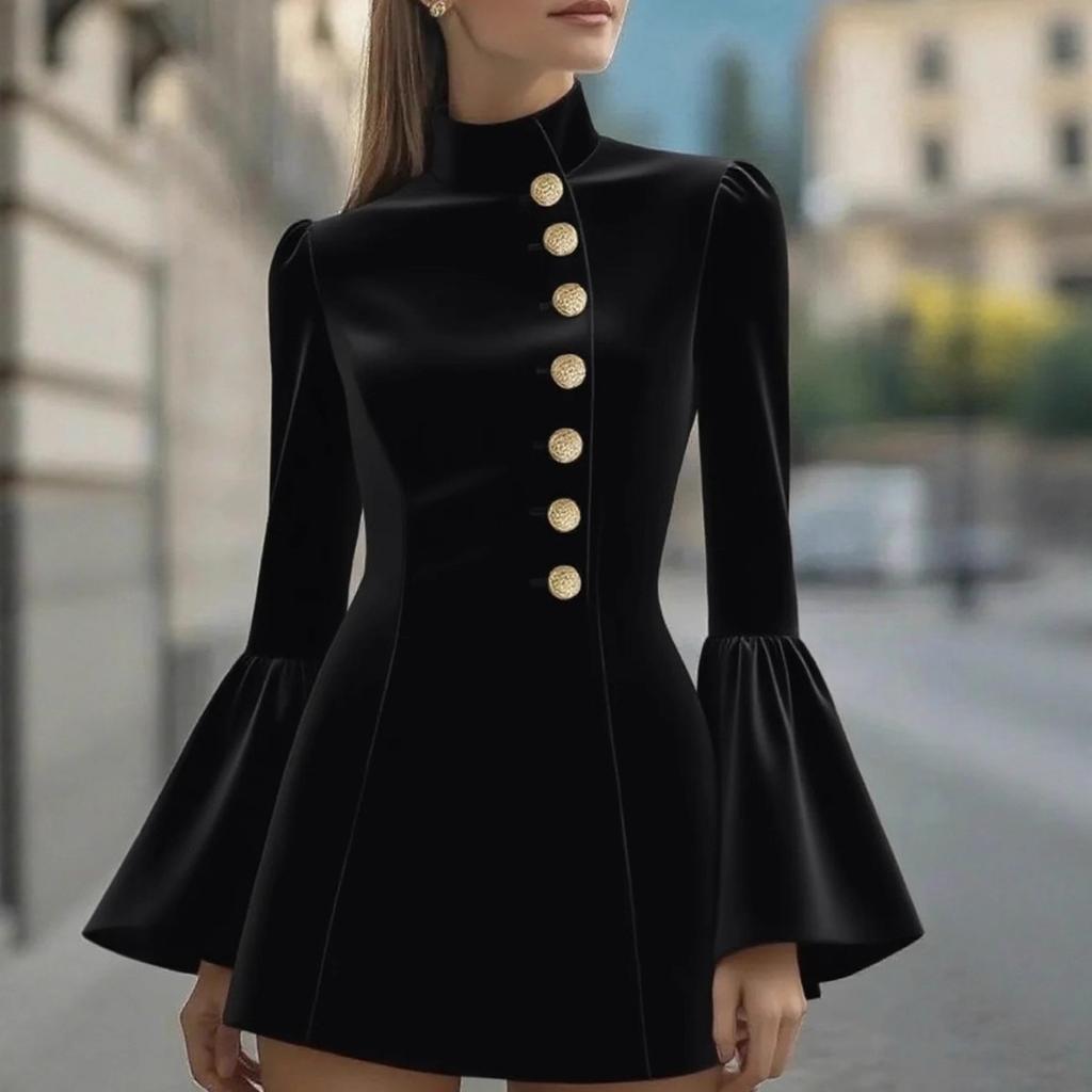 Women's Stand Collar Blazer Dress, Flare Sleeve Slim Fit Office Dress with Solid Color Design, Professional Workwear for Business Casual